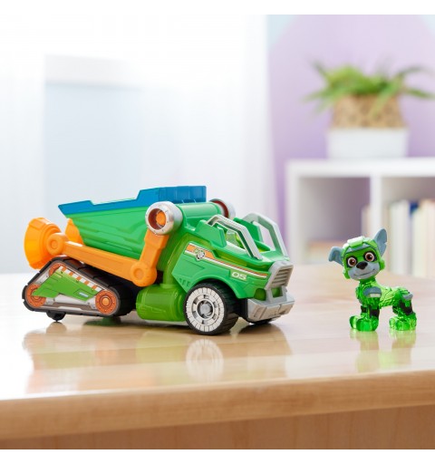 PAW Patrol Der Mighty Kinofilm, Superhelden-Basis-Fahrzeug von Rocky mit Welpenfigur, Mülltransporter mit Licht- und