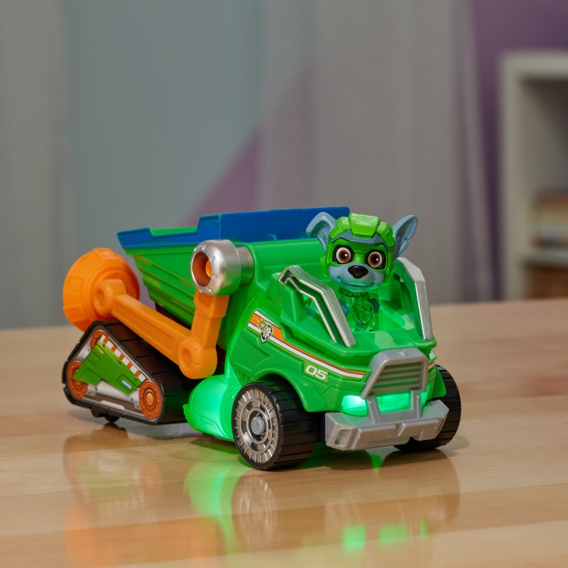 PAW Patrol Der Mighty Kinofilm, Superhelden-Basis-Fahrzeug von Rocky mit Welpenfigur, Mülltransporter mit Licht- und