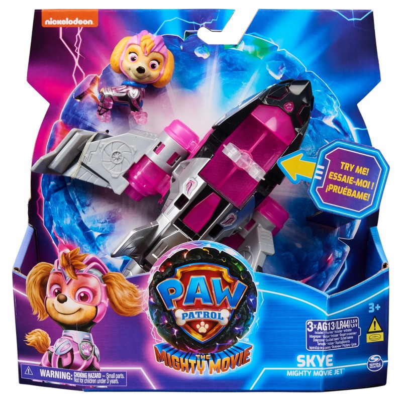 PAW Patrol La patrulla canina la Superpelícula, avión de juguete con figura de acción de Skye de Mighty Pups, luces y sonidos,