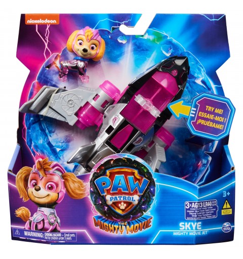 PAW Patrol La patrulla canina la Superpelícula, avión de juguete con figura de acción de Skye de Mighty Pups, luces y sonidos,