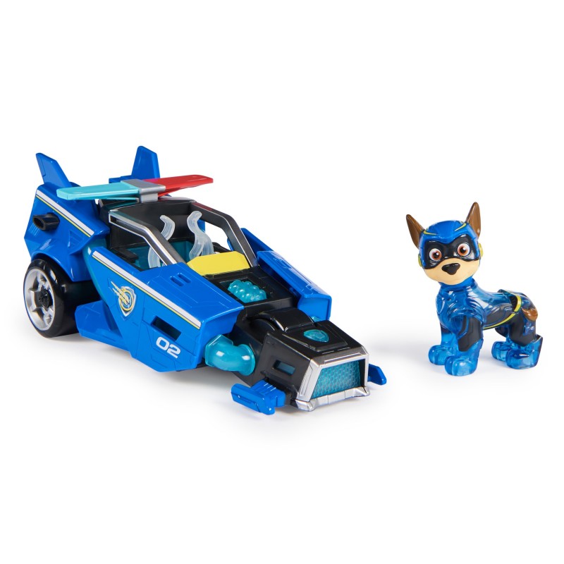 PAW Patrol La patrulla canina la Superpelícula, coche de juguete con figura de acción de Chase de Mighty Pups, luces y
