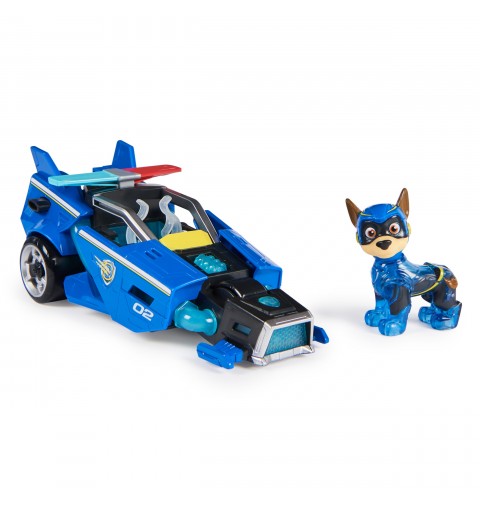 PAW Patrol La patrulla canina la Superpelícula, coche de juguete con figura de acción de Chase de Mighty Pups, luces y