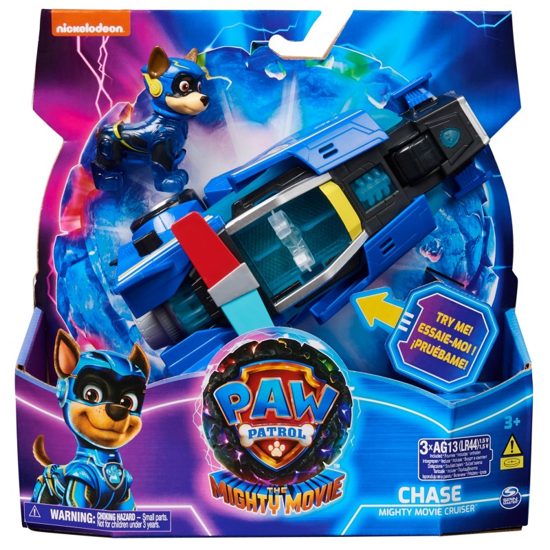 PAW Patrol La patrulla canina la Superpelícula, coche de juguete con figura de acción de Chase de Mighty Pups, luces y