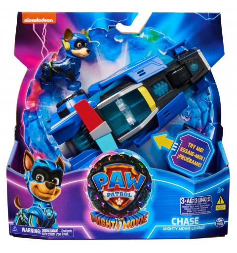 PAW Patrol La patrulla canina la Superpelícula, coche de juguete con figura de acción de Chase de Mighty Pups, luces y