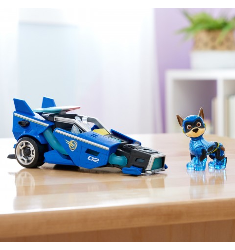 PAW Patrol La patrulla canina la Superpelícula, coche de juguete con figura de acción de Chase de Mighty Pups, luces y