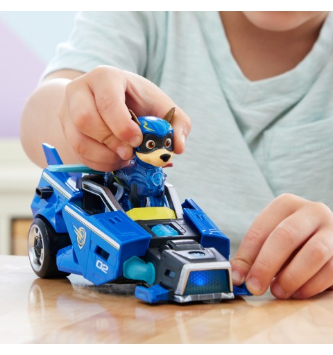 PAW Patrol La patrulla canina la Superpelícula, coche de juguete con figura de acción de Chase de Mighty Pups, luces y