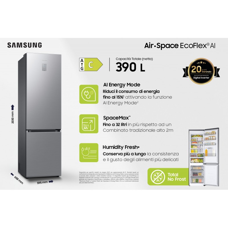 Samsung Frigorifero Combinato EcoFlex AI 2m 390L RB38C776CS9