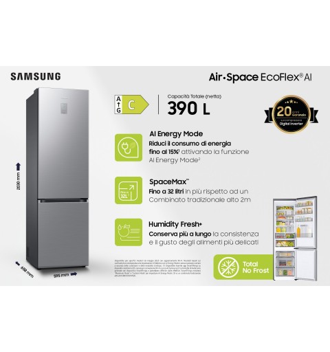 Samsung Frigorifero Combinato EcoFlex AI 2m 390L RB38C776CS9