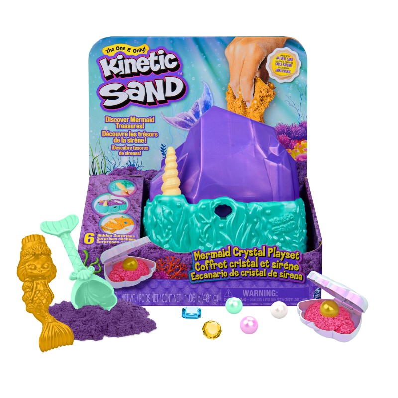 Kinetic Sand , Meerjungfrauen-Kristall-Spielset, 481g Spielsand, golden schimmernder Sand, Aufbewahrungsbehälter und Werkzeuge,