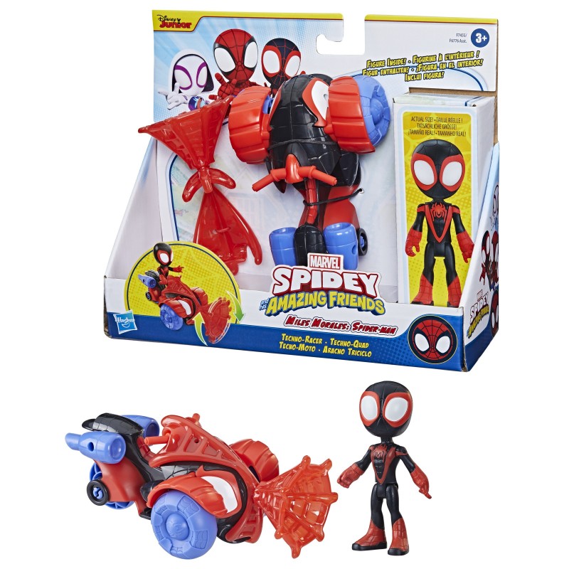 Marvel Spidey e I Suoi Fantastici Amici, set Techno Racer di Miles Morales Spider-Man, action figure con veicolo e accessorio,
