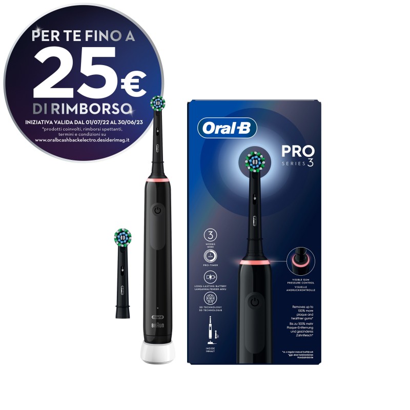 Oral-B Pro 3 Spazzolino Elettrico Ricaricabile Nero Pro3 3000, 2 Testine, 1 Spazzolino