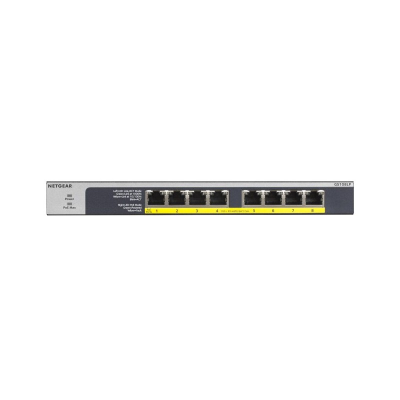 NETGEAR GS108LP Non-géré Gigabit Ethernet (10 100 1000) Connexion Ethernet, supportant l'alimentation via ce port (PoE) 1U