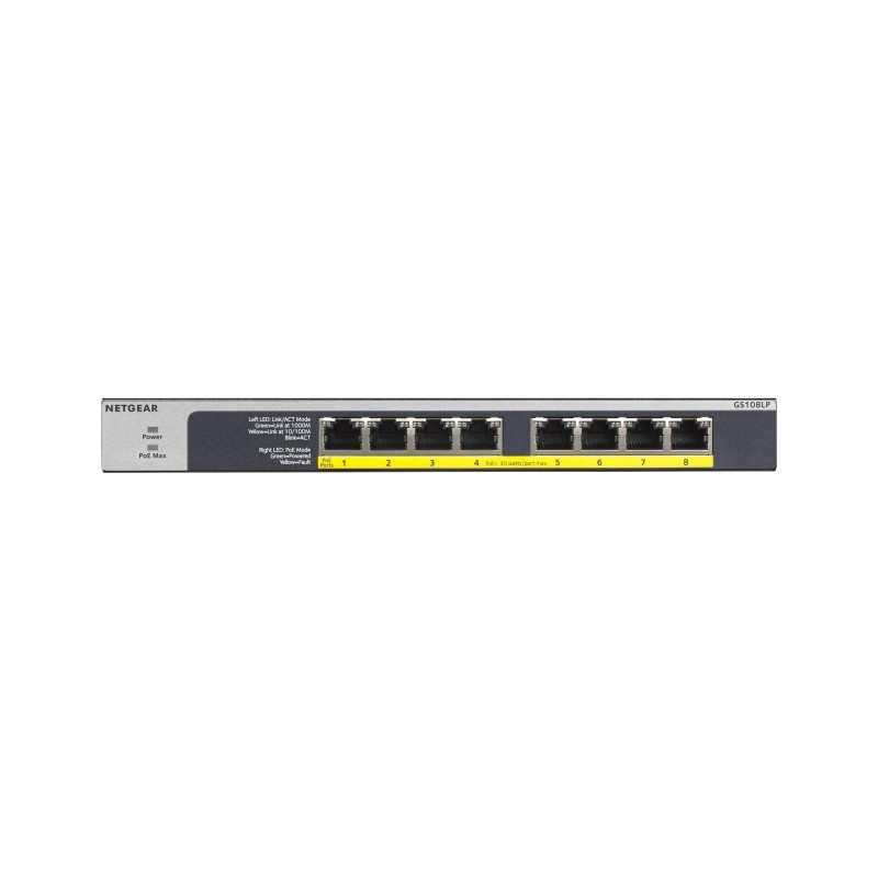 NETGEAR GS108LP Non gestito Gigabit Ethernet (10 100 1000) Supporto Power over Ethernet (PoE) 1U Nero, Grigio
