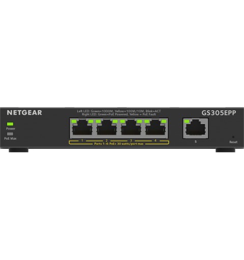 NETGEAR 5-Port Gigabit Ethernet High-Power PoE+ Plus Switch (GS305EPP) Gestito L2 L3 Gigabit Ethernet (10 100 1000) Supporto