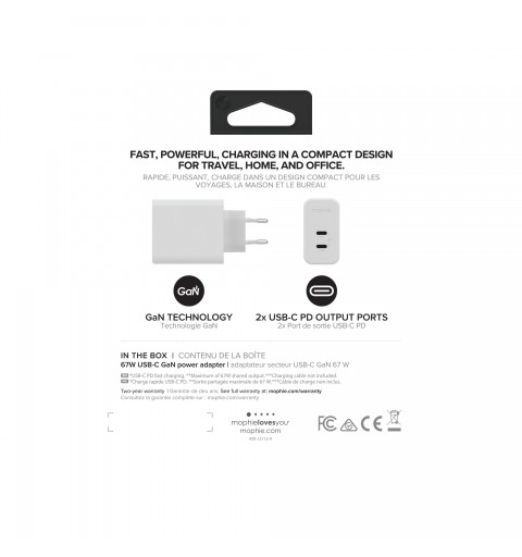 mophie Accessories-Wall Adapter-USB-C-PD-DUAL-67W-GAN-White-EU (2xUSBC)