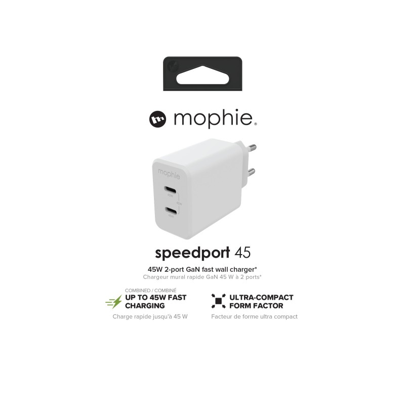 mophie 409909299 Caricabatterie per dispositivi mobili Computer portatile, Smartphone, Tablet Bianco AC Ricarica rapida Interno