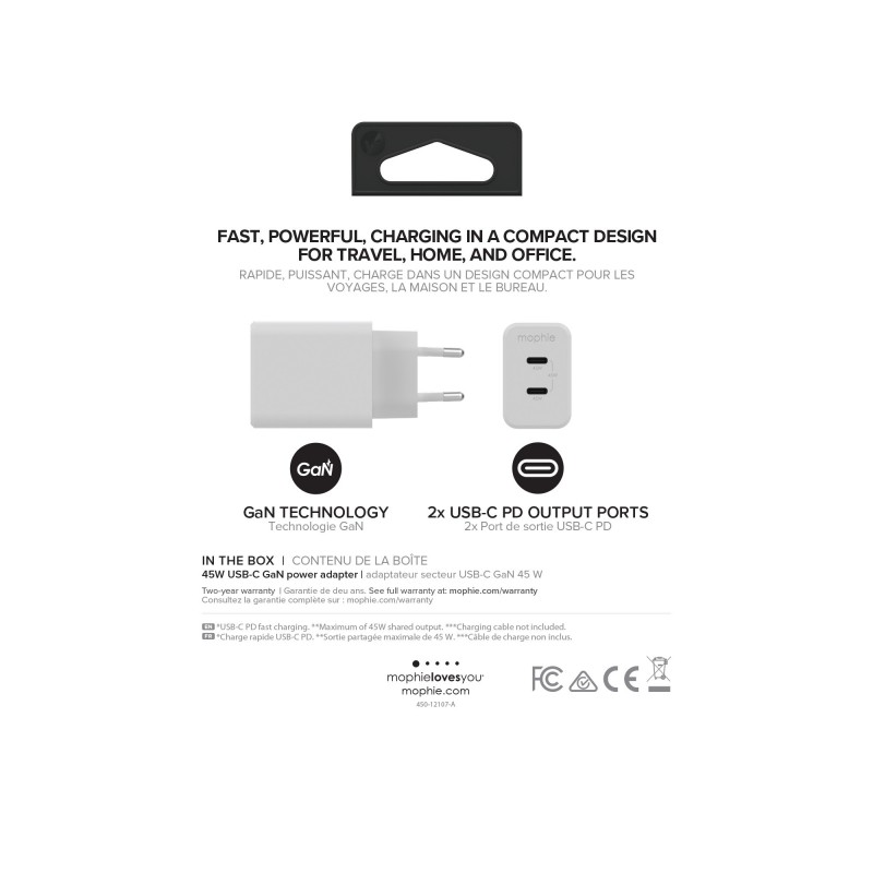 mophie Accessories Wall Adapter-USB-C-PD-DUAL-45W-GAN-White-EU(2xUSBC)