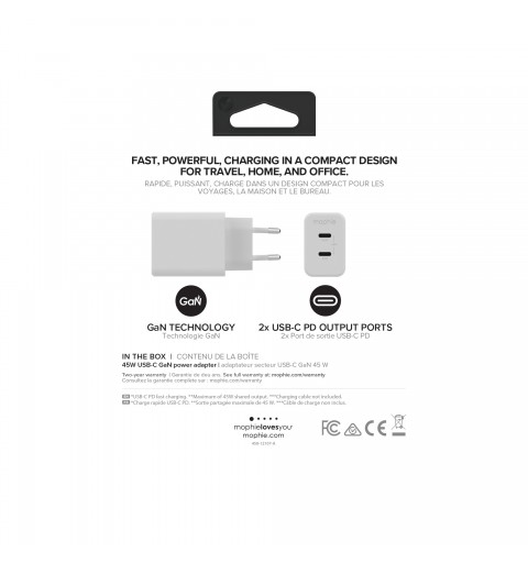 mophie 409909299 Caricabatterie per dispositivi mobili Computer portatile, Smartphone, Tablet Bianco AC Ricarica rapida Interno