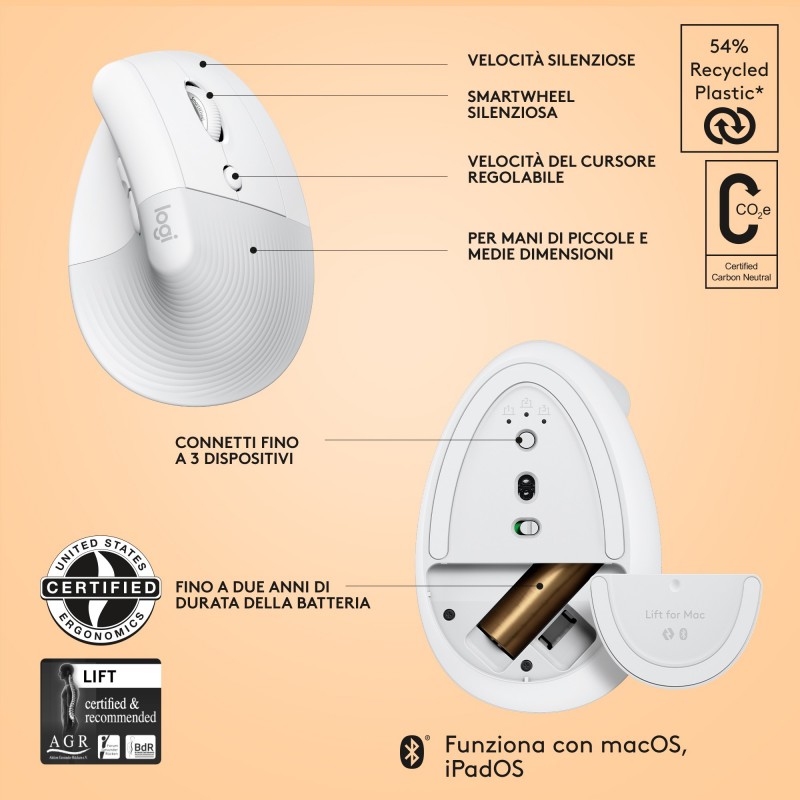 Logitech Lift for Mac mouse Mano destra RF senza fili + Bluetooth Ottico 4000 DPI