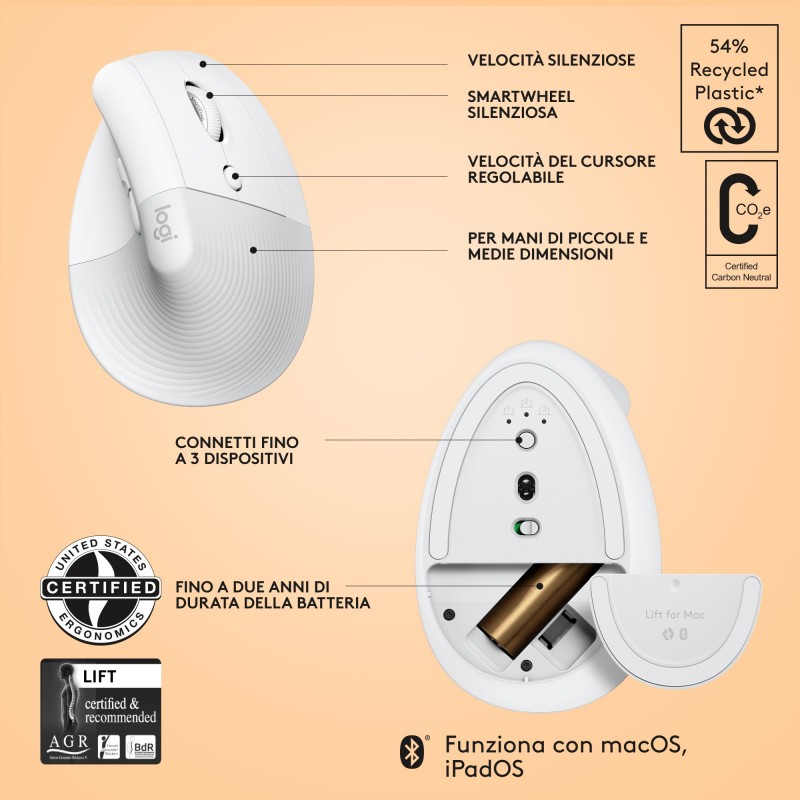 Logitech Lift for Mac souris Droitier RF sans fil + Bluetooth Optique 4000 DPI