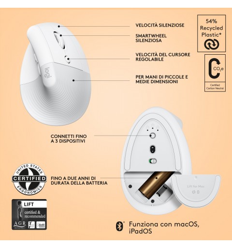 Logitech Lift for Mac souris Droitier RF sans fil + Bluetooth Optique 4000 DPI
