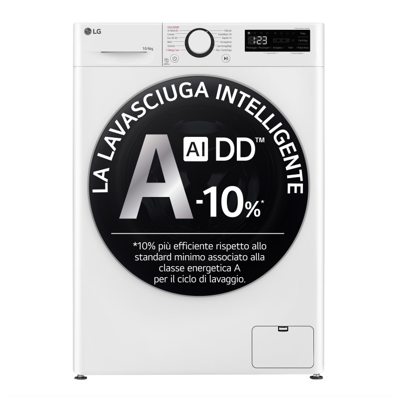LG D4R5010TSWS Lavasciuga 10 6kg AI DD, Serie R5 Classe D, 1400 giri, TurboWash 360, Vapore, Eco Hybrid, Bianca