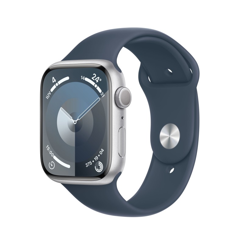 Apple Watch Series 9 GPS 45mm Silver Aluminium Case with Storm Blue Sport Band - S M