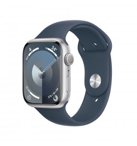 Apple Watch Series 9 GPS 45mm Silver Aluminium Case with Storm Blue Sport Band - S M