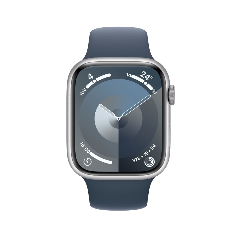 Apple Watch Series 9 GPS 45mm Silver Aluminium Case with Storm Blue Sport Band - S M