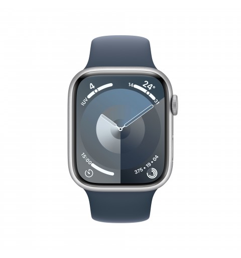 Apple Watch Series 9 GPS 45mm Silver Aluminium Case with Storm Blue Sport Band - S M