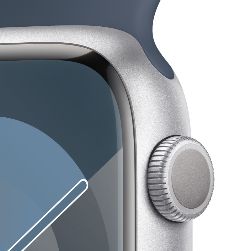Apple Watch Series 9 GPS 45mm Silver Aluminium Case with Storm Blue Sport Band - S M