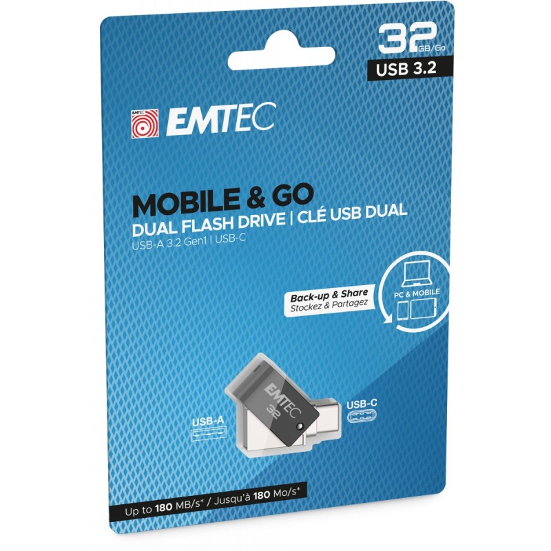 Emtec T260C unidad flash USB 32 GB USB Type-A USB Type-C 3.2 Gen 1 (3.1 Gen 1) Negro, Acero inoxidable