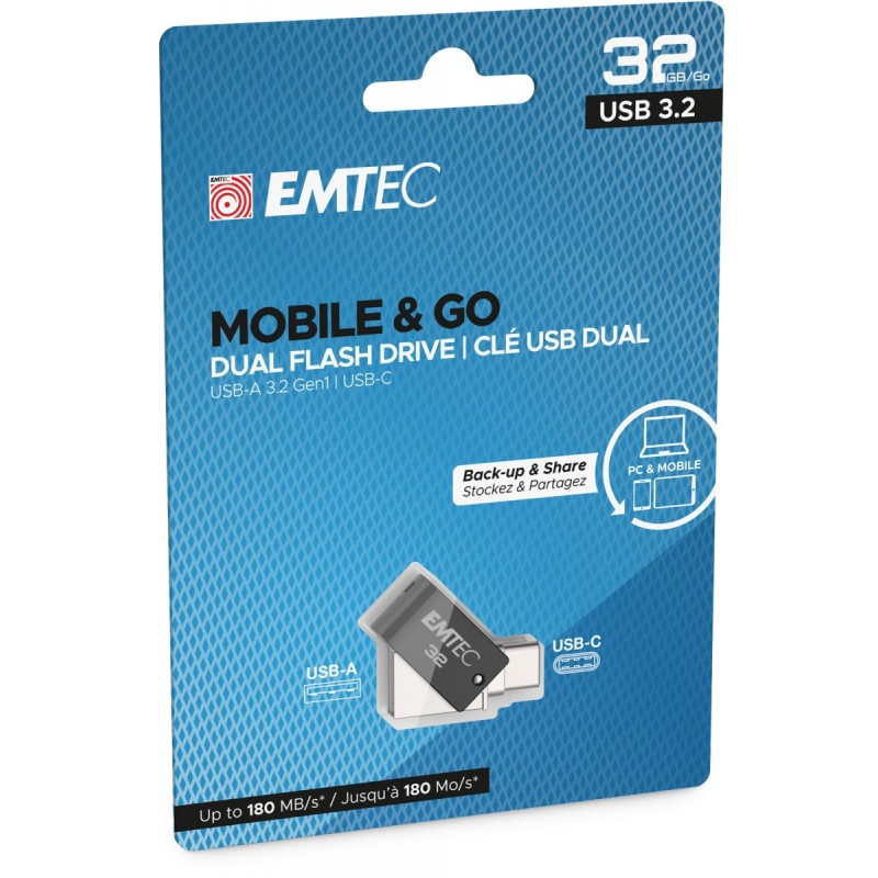 Emtec T260C unità flash USB 32 GB USB Type-A USB Type-C 3.2 Gen 1 (3.1 Gen 1) Nero, Stainless steel