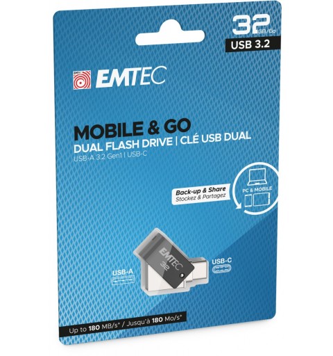 Emtec T260C unità flash USB 32 GB USB Type-A USB Type-C 3.2 Gen 1 (3.1 Gen 1) Nero, Stainless steel