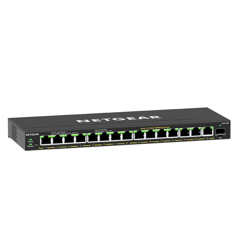 NETGEAR GS316EP-100PES switch di rete Gestito Gigabit Ethernet (10 100 1000) Supporto Power over Ethernet (PoE) Nero