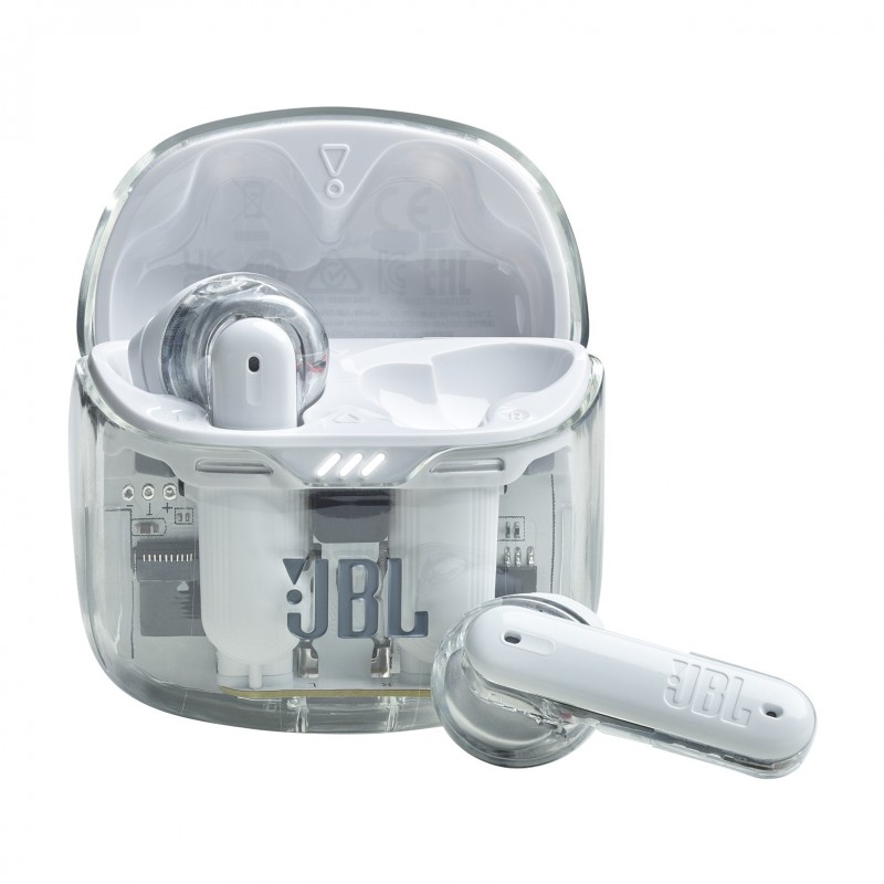 JBL Tune Flex Ghost Edition Casque True Wireless Stereo (TWS) Ecouteurs Appels Musique Bluetooth Translucide, Blanc