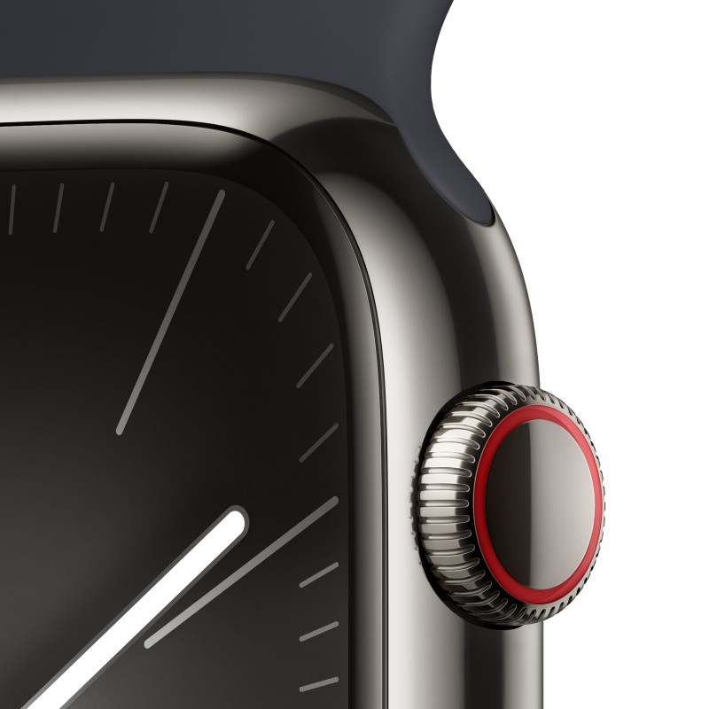 Apple Watch Series 9 GPS + Cellular Cassa 45m in Acciaio inossidabile Grafite con Cinturino Sport Band Mezzanotte - M L
