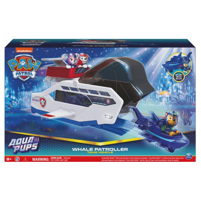 PAW Patrol Aqua Pups Whale Patroller Team Vehicle with Chase Action Figure, Toy Car and Vehicle Launcher, Kids Toys for Ages 3