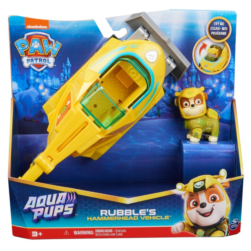 PAW Patrol , Veicolo Trasformabile Aqua Pups di Rubble per Avventure Marine, Personaggio di Rubble incluso, Giochi per Bambini