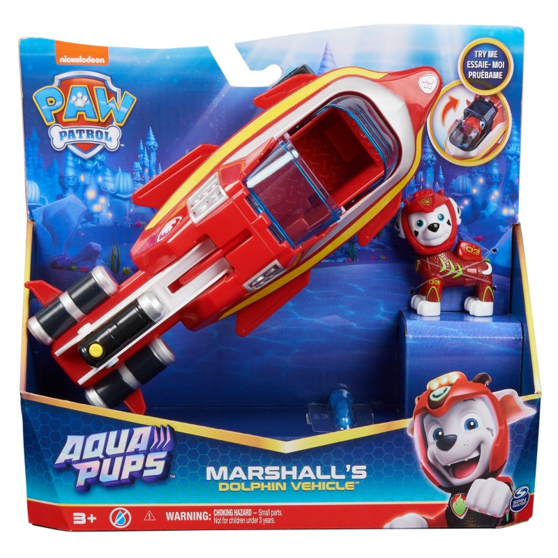 PAW Patrol , Aqua Pups - Basis Fahrzeug Spielzeugauto im Delfin-Design mit Marshall Welpenfigur