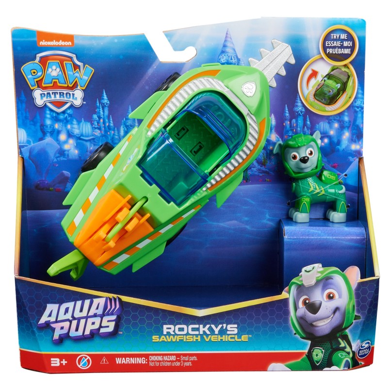PAW Patrol , Aqua Pups - Basis Fahrzeug Spielzeugauto im Sägefisch-Design mit Rocky Welpenfigur