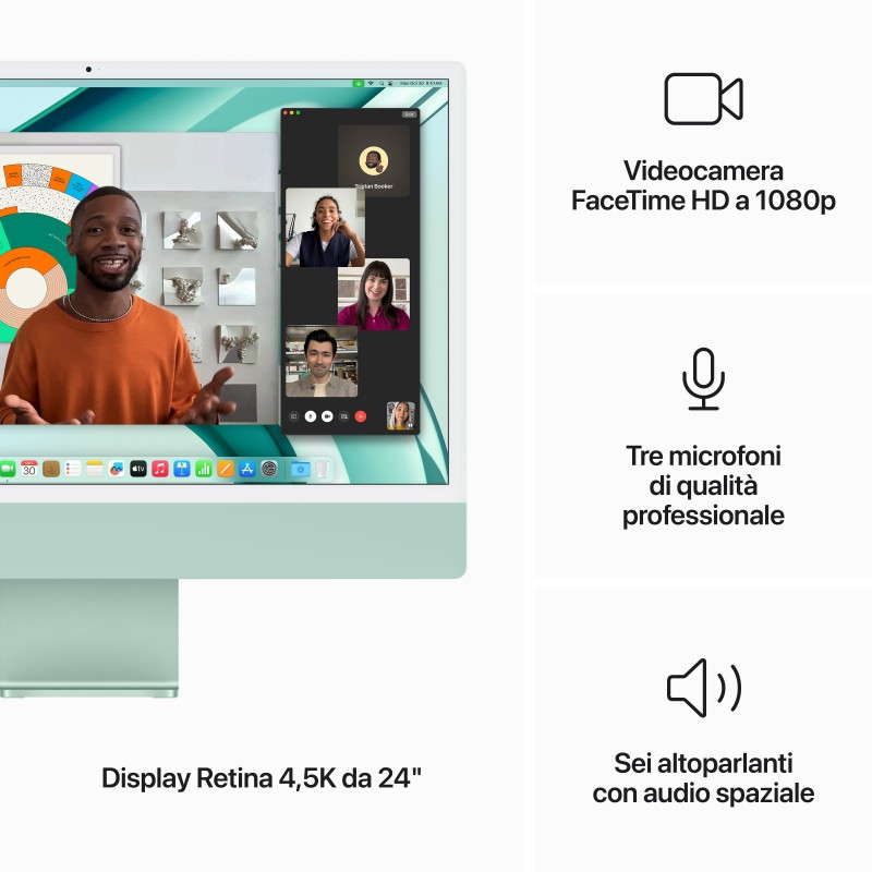 Apple iMac Apple M M3 59,7 cm (23.5") 4480 x 2520 pixels 8 Go 256 Go SSD PC All-in-One macOS Sonoma Wi-Fi 6E (802.11ax) Vert