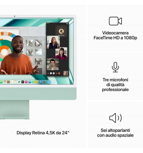 Apple iMac Apple M M3 59,7 cm (23.5") 4480 x 2520 pixels 8 Go 256 Go SSD PC All-in-One macOS Sonoma Wi-Fi 6E (802.11ax) Vert