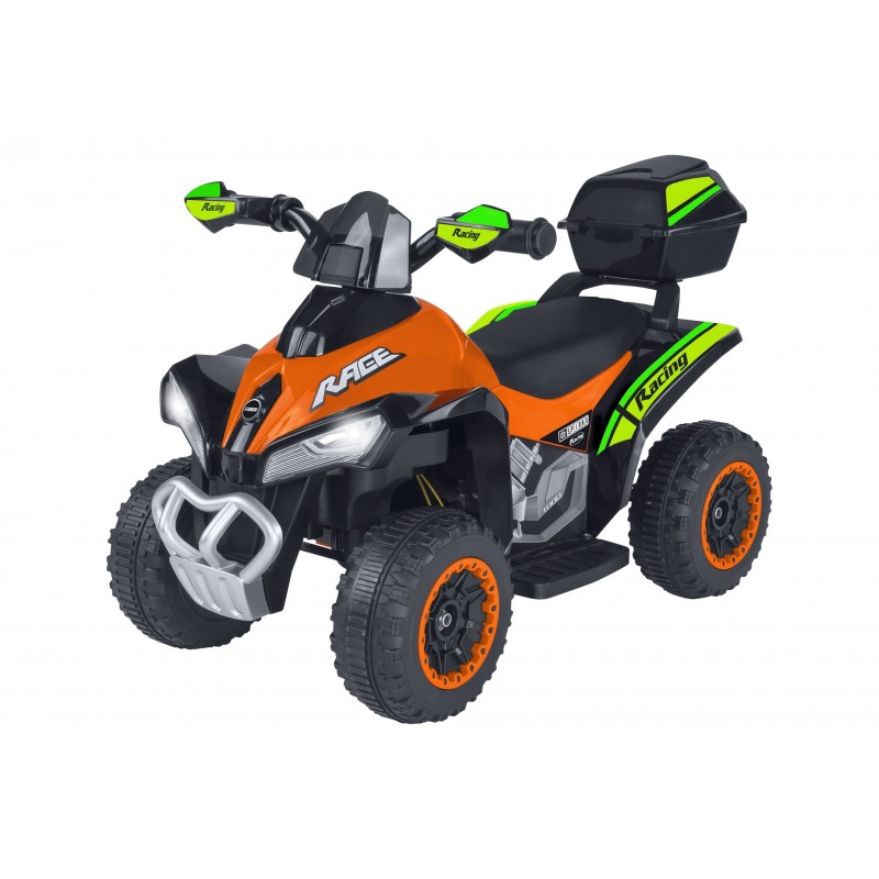 E-Spidko Quad elettrico 6V 4.5AH colore arancio, mis. 79 x 46 x 41 cm, accensione con effetti sonori, retromarcia, fari LED