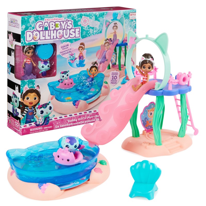 Gabby's Dollhouse , Purr-ific Pool Playset with Gabby and MerCat Figures, Color-Changing Mermaid Tails and Pool Accessories