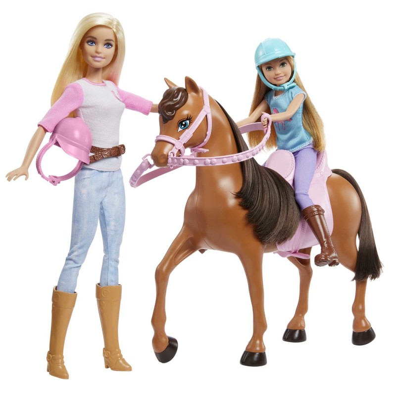 Barbie e Stacie Sorelle a Cavallo playset con cavallo e sella da 2, Con completi da equitazione, Giocattolo e regalo per