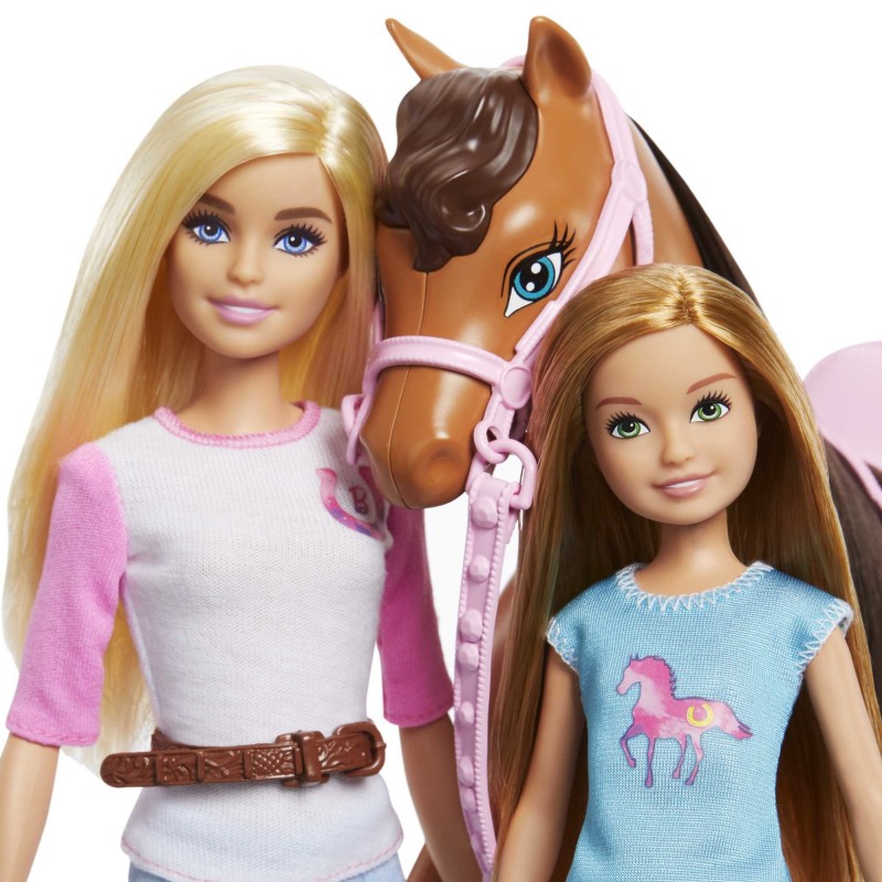 Barbie e Stacie Sorelle a Cavallo playset con cavallo e sella da 2, Con completi da equitazione, Giocattolo e regalo per