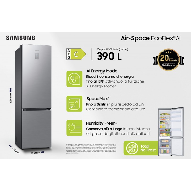 Samsung Frigorifero Combinato EcoFlex AI 2m 390L RB38C676CS9