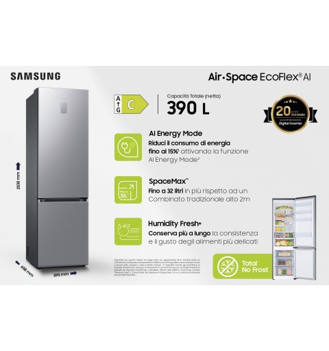 Samsung Frigorifero Combinato EcoFlex AI 2m 390L RB38C676CS9