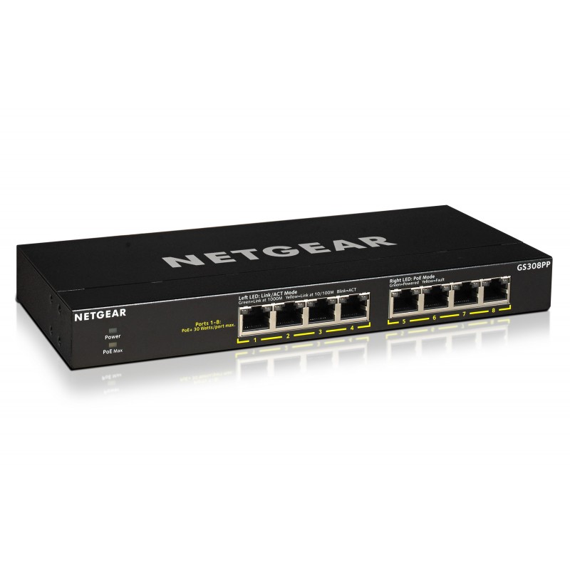 NETGEAR GS308PP Non gestito Gigabit Ethernet (10 100 1000) Supporto Power over Ethernet (PoE) Nero